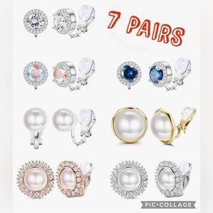 7 Pairs Clip Earrings SetsFashion Cubic Zirconia Crystal Freshwater Pearl